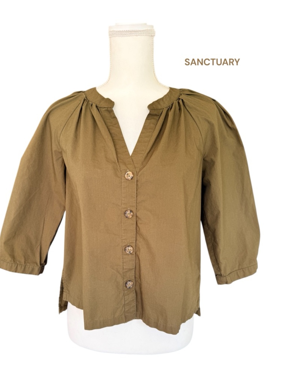 Sanctuary Olive Green Button-Front Puff Sleeve Blouse